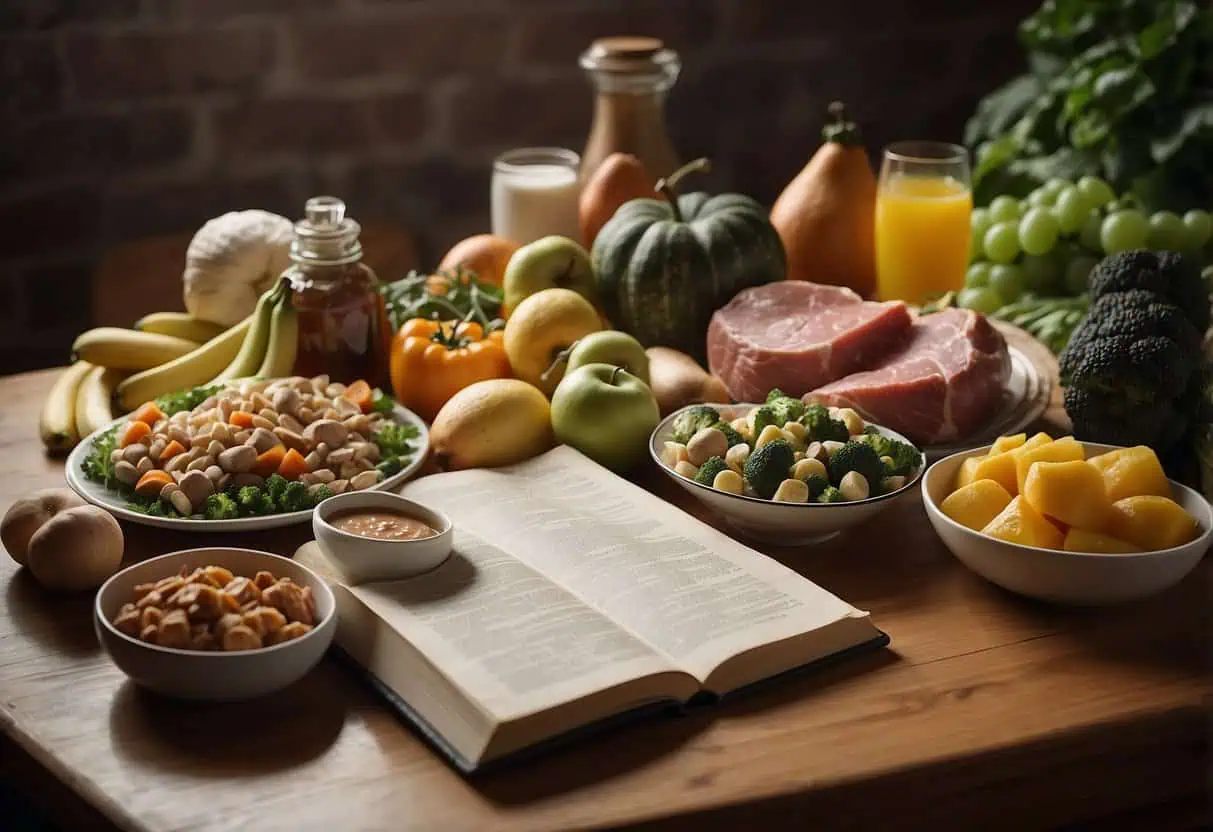 A variety of foods on a table, including meats, vegetables, and fruits. A book titled "Vince Gironda's Diets" is open, with pages showing different meal plans