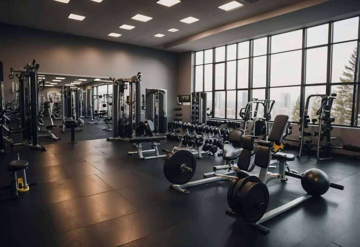 A gym with Vince Gironda's 8x8 workout written on a whiteboard, surrounded by various exercise equipment and weights