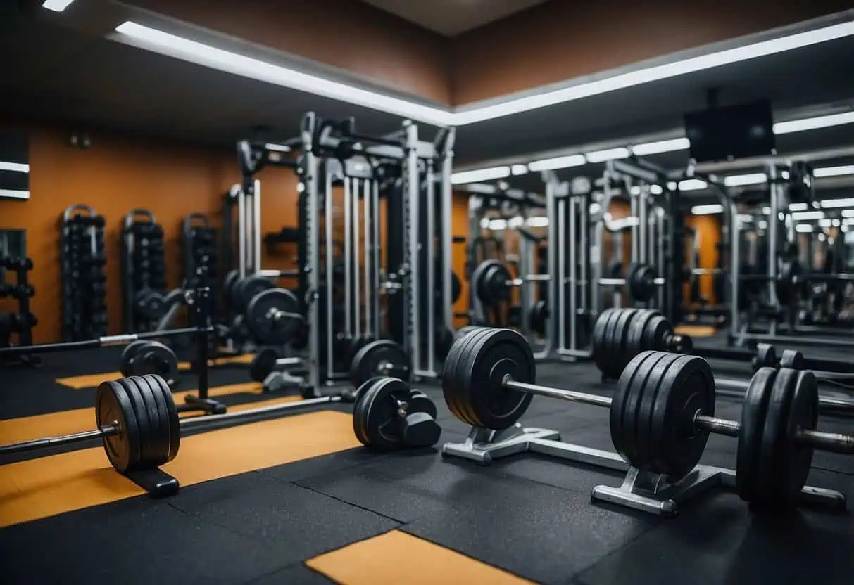 A gym with weightlifting equipment arranged in an 8 x 8 pattern, inspired by Mohamed Makkawy and Vince Gironda's workout routine