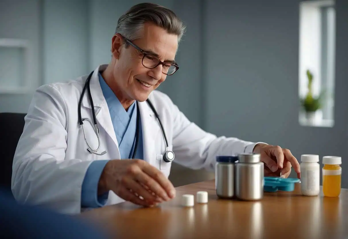 A person sitting at a table, holding a bottle of fiber supplements, while talking to a healthcare professional. The healthcare professional is gesturing and discussing morning and night options