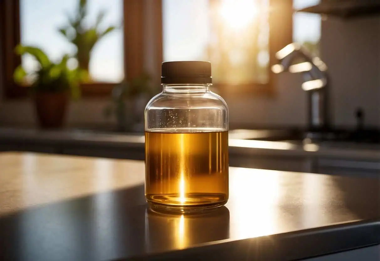 A bottle of fiber supplements sits on a kitchen counter, with a glass of water next to it. The morning sun streams through the window, casting a warm glow on the scene