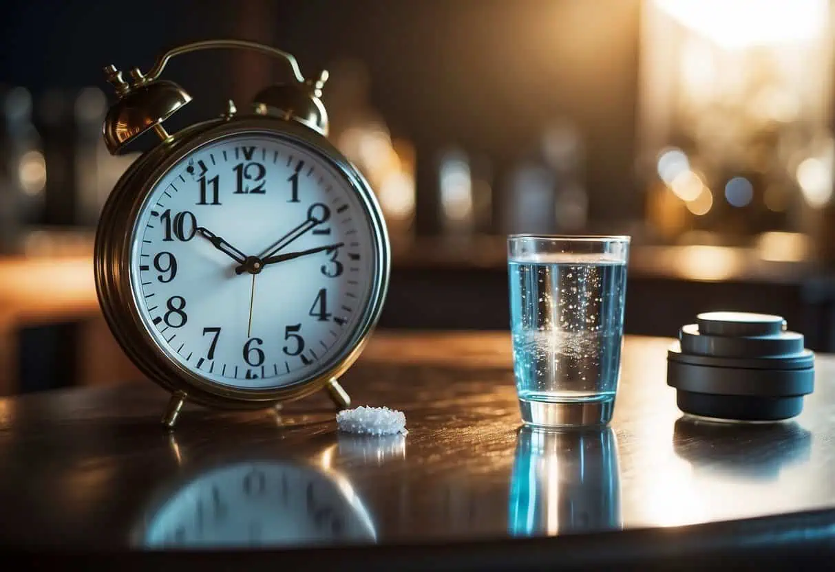 A glass of water with a fiber supplement beside a clock showing morning and night