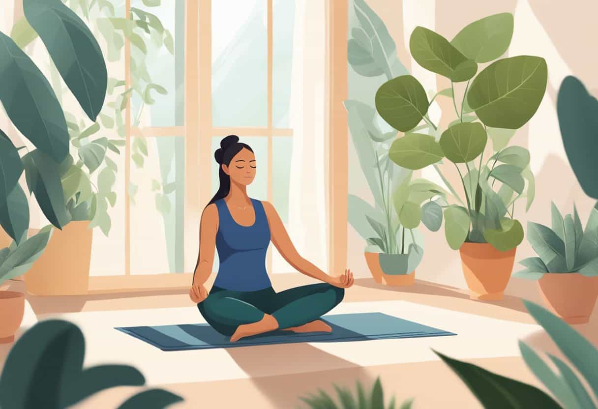 A serene woman practices yoga in a sunlit room, surrounded by plants and calming decor. She focuses on deep breathing and gentle stretches to ease menopause belly