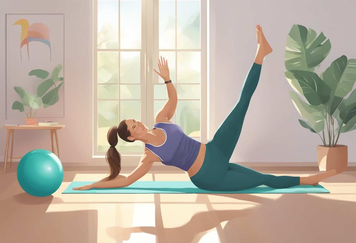 A woman doing yoga poses and abdominal exercises with a fitness ball and resistance band in a bright, airy room