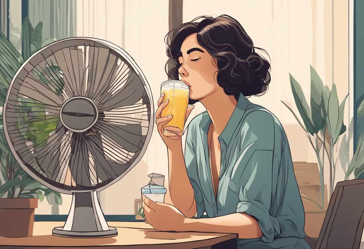 A woman sits in front of a fan, fanning herself while holding a cold drink. She looks flushed and sweaty, with a frustrated expression on her face