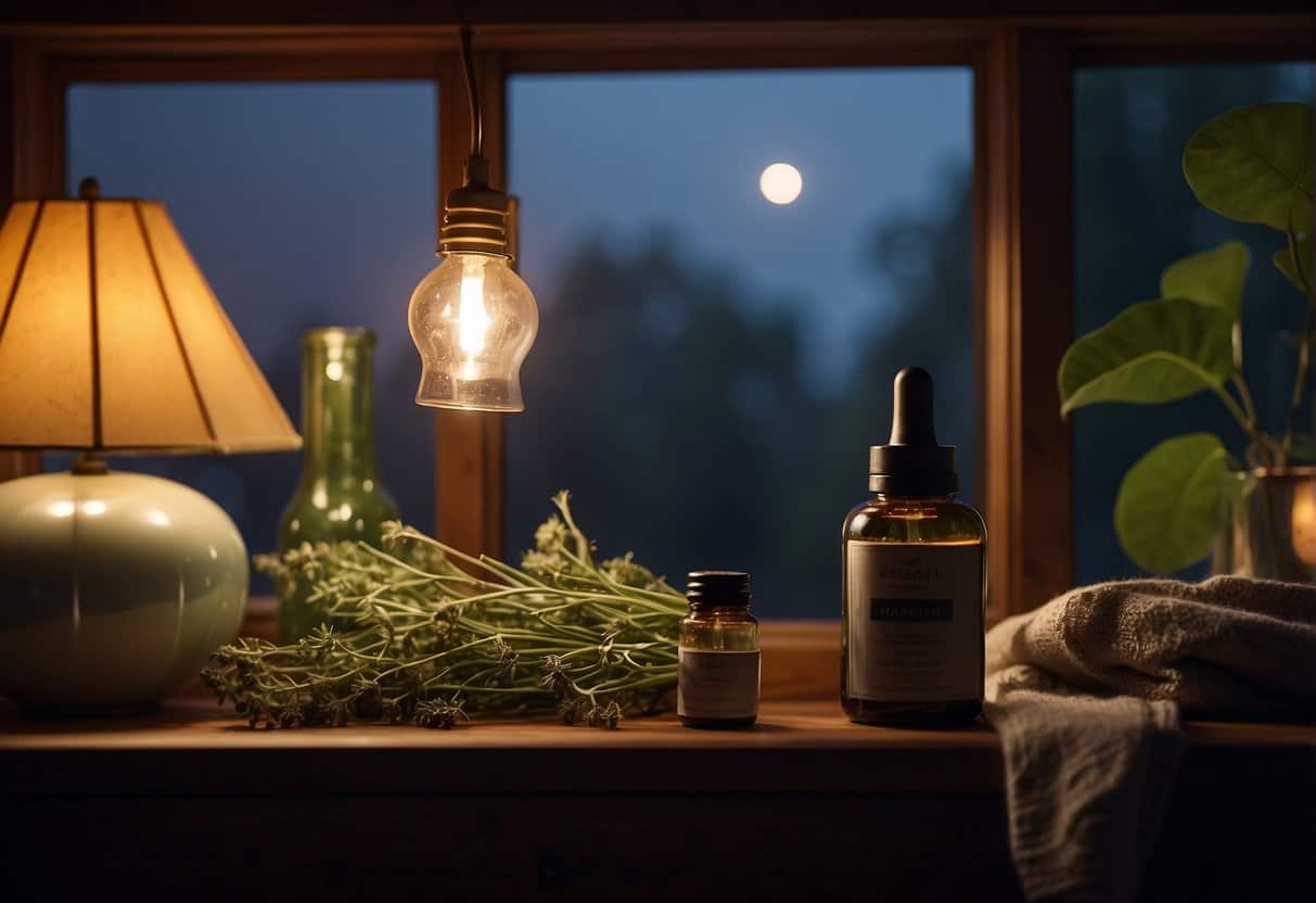 A tranquil bedroom with herbal remedies displayed on a nightstand, moonlight streaming through the window, and a peaceful woman sleeping soundly