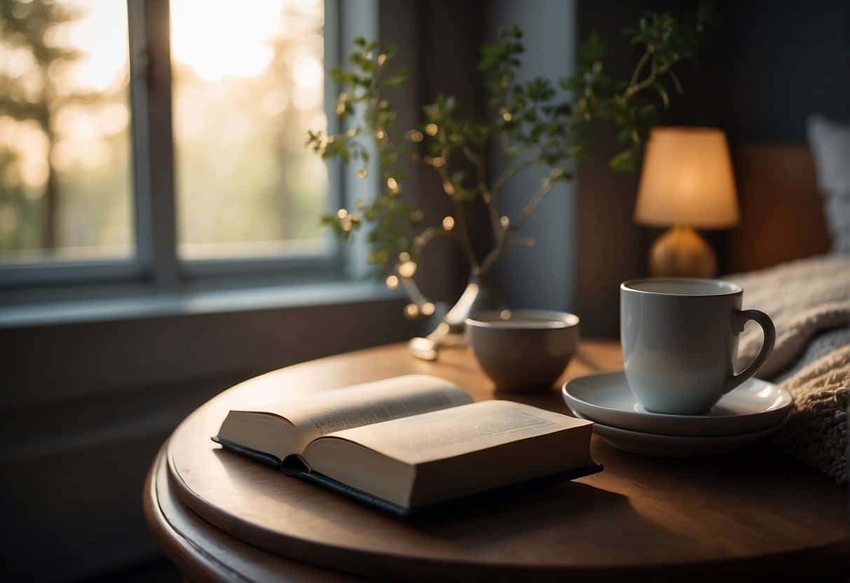 A serene bedroom with dim lighting, a comfortable bed, and a cool, quiet atmosphere. A cup of herbal tea and a soothing book on the nightstand