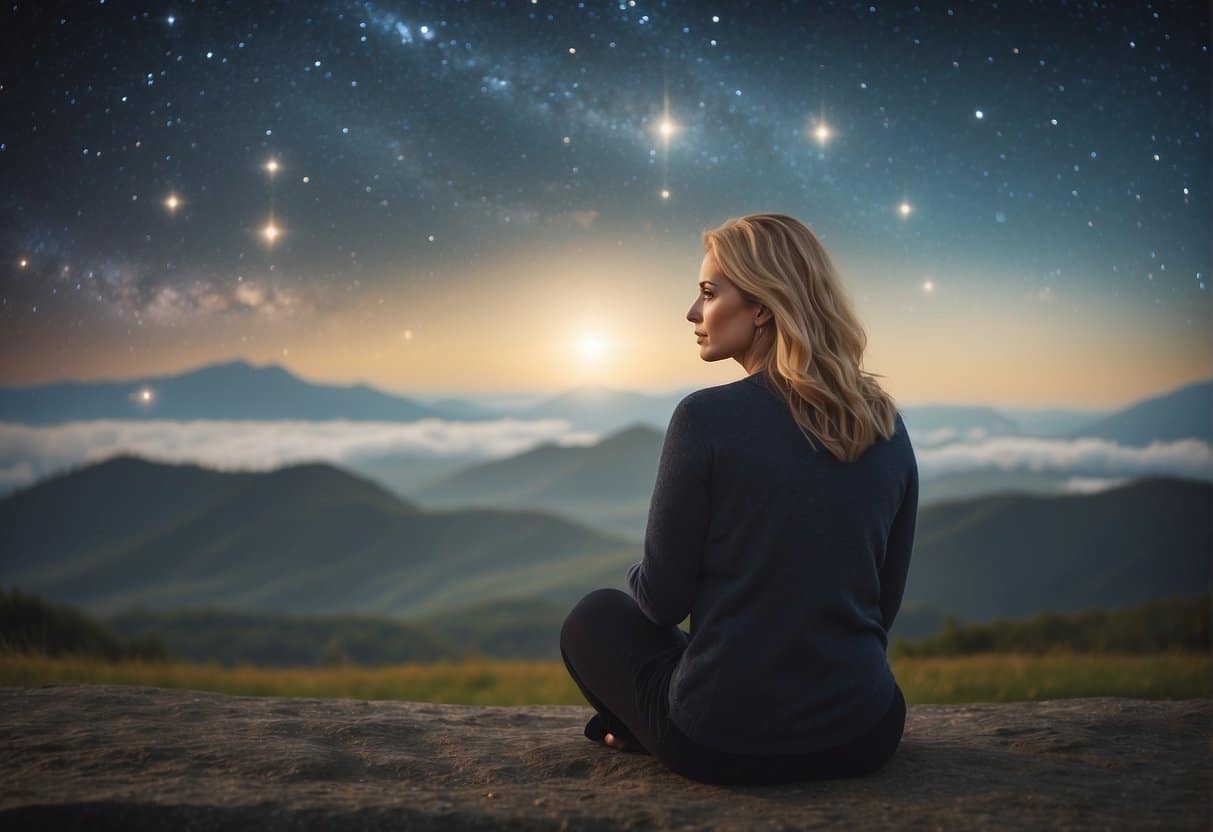 A woman sits alone, surrounded by swirling thoughts and emotions. Her face is tense, her body language reflecting the internal turmoil of menopausal anxiety