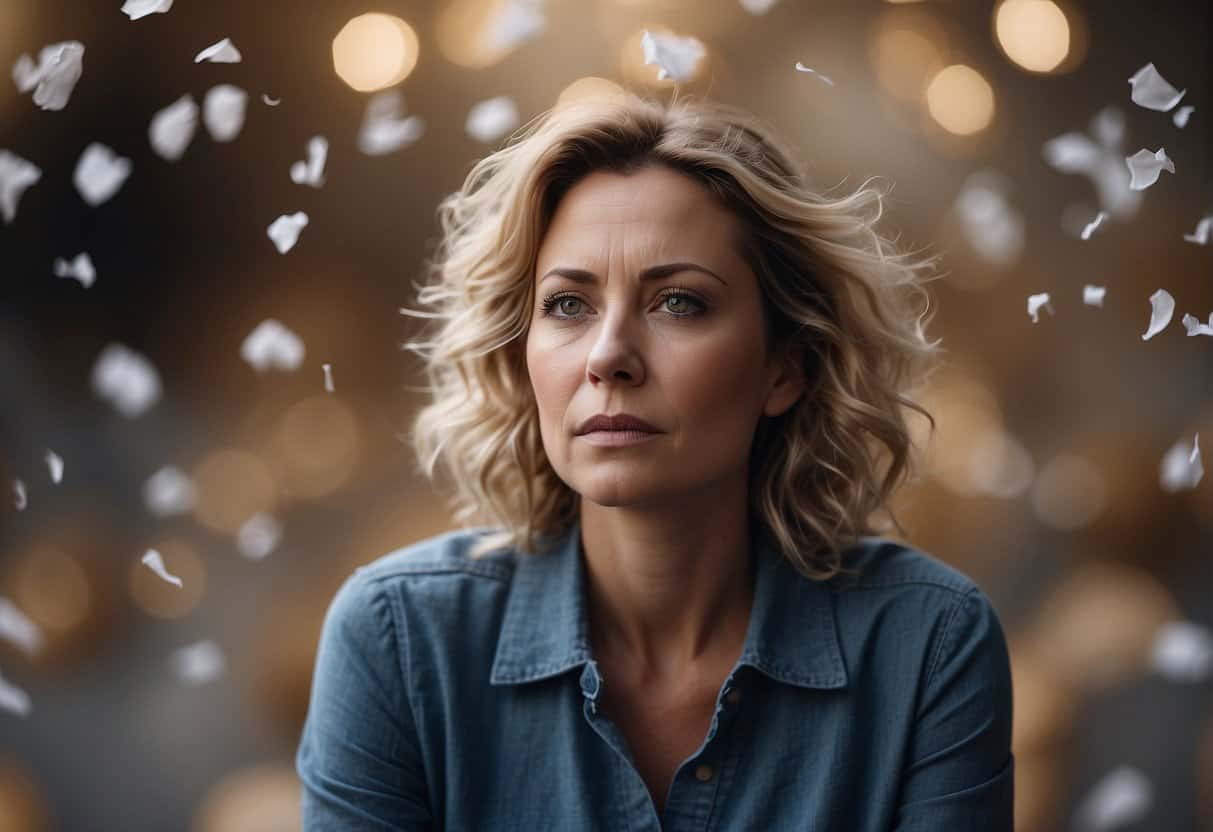 A woman sits alone, surrounded by swirling, chaotic thoughts. Her expression is one of fear and uncertainty, conveying the psychological and emotional impact of menopausal anxiety