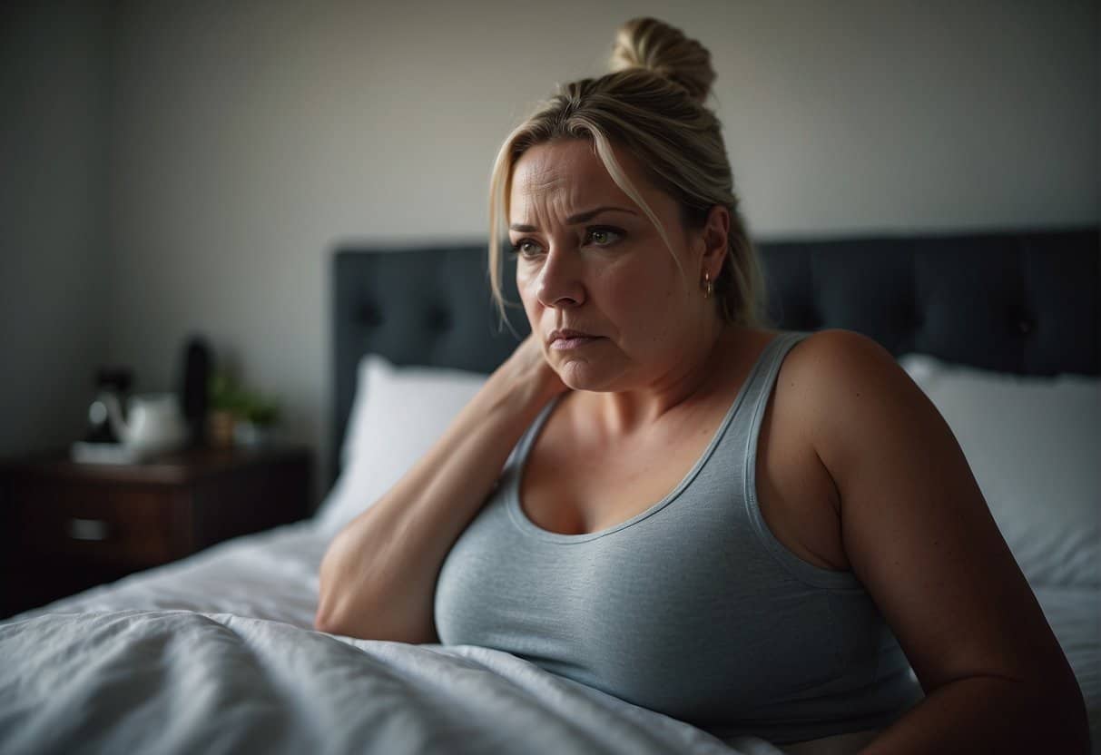 A woman sits on a bed, clutching her stomach, her face contorted in anguish. Beads of sweat form on her forehead as she struggles to catch her breath