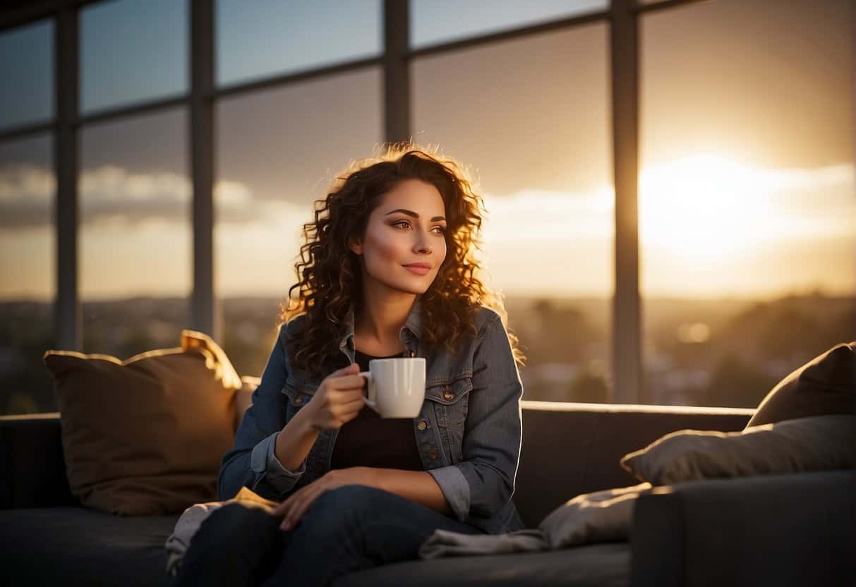 A woman rests on a couch, surrounded by empty coffee cups and a messy desk. The sun sets outside the window, casting a warm glow on her tired face