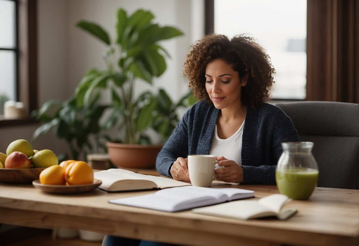 A woman sitting at a desk with a cup of herbal tea, a plate of fruits, and a yoga mat in the background. She is reading a book on menopause and taking notes