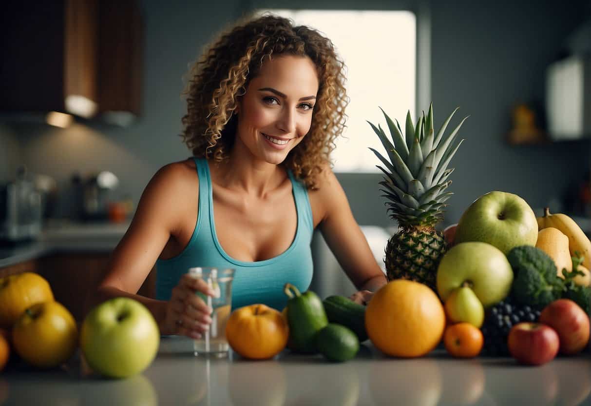 A woman exercises with a healthy diet and water, surrounded by fruits and vegetables, a scale, and a tape measure