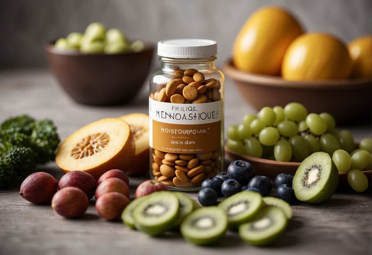 A bottle of menopause supplements surrounded by healthy foods and a measuring tape, symbolizing weight loss support