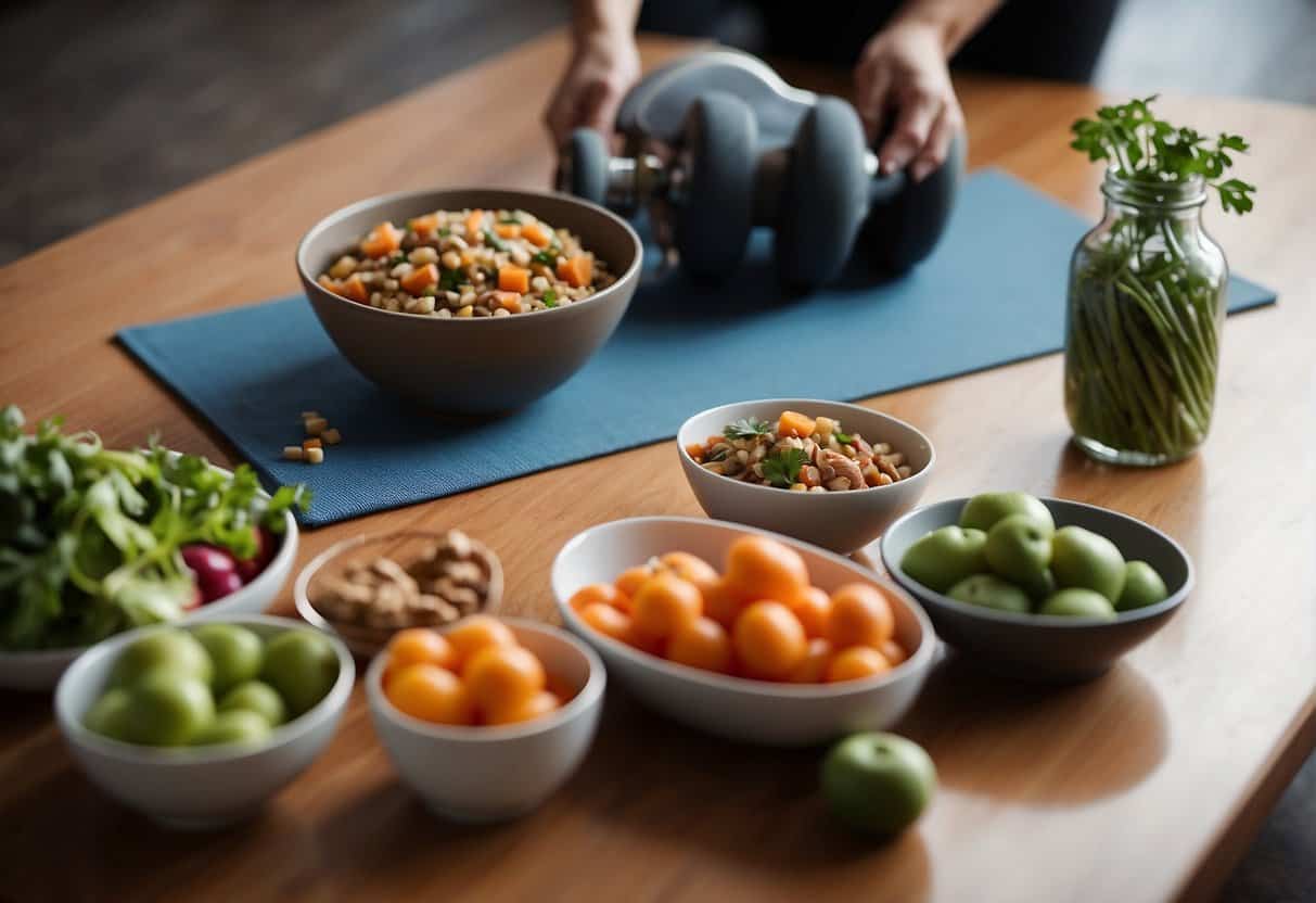 A table with balanced meals and portion control guides. A woman exercising with a yoga mat and weights. A scale and measuring tape