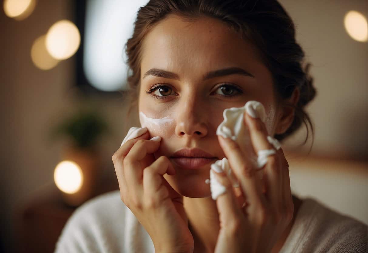 A woman applies moisturizer to her face, surrounded by various skincare products and a warm, comforting atmosphere