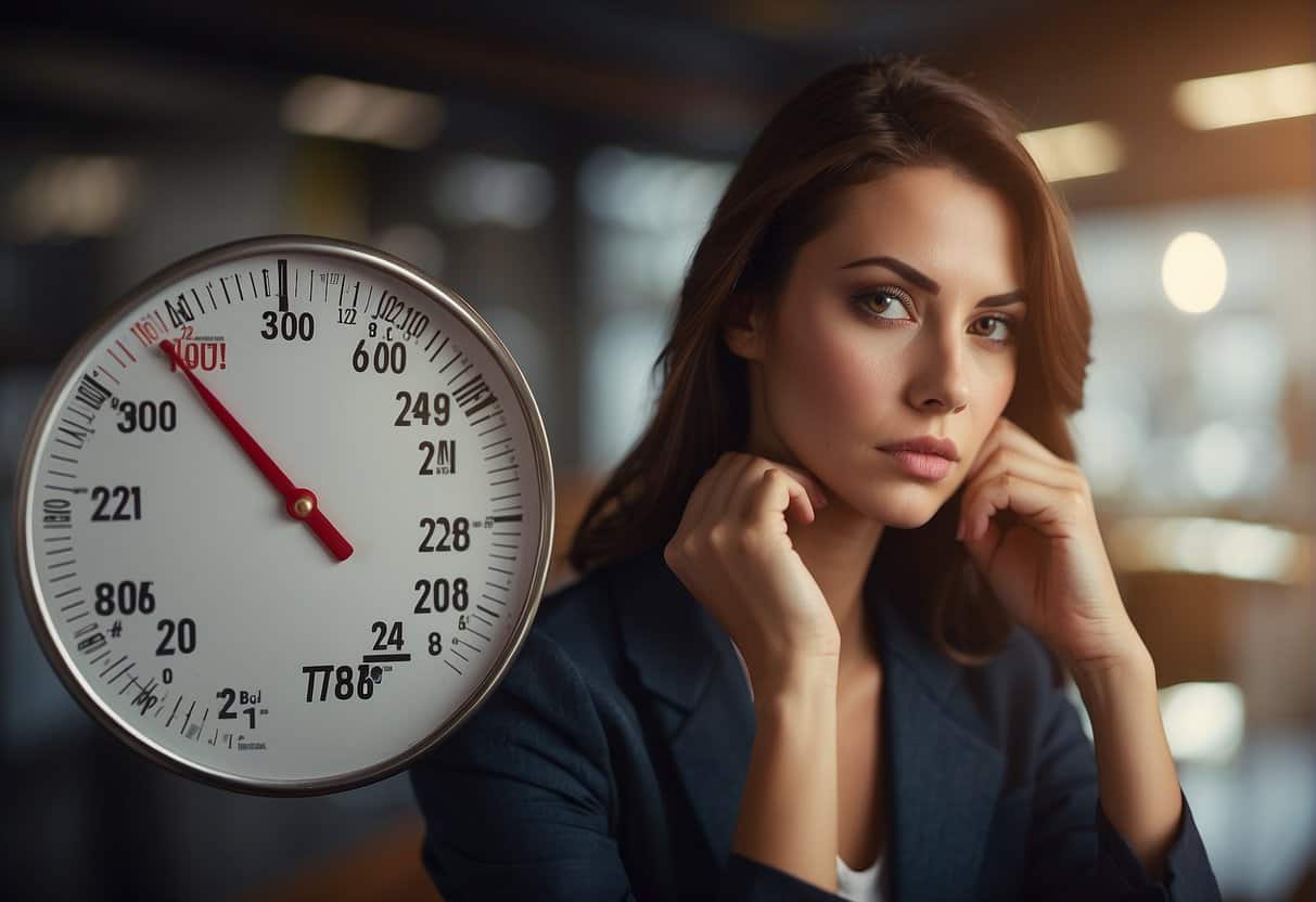 A thermometer showing a high temperature, a calendar with a circle around a date, and a woman looking tired and holding her head