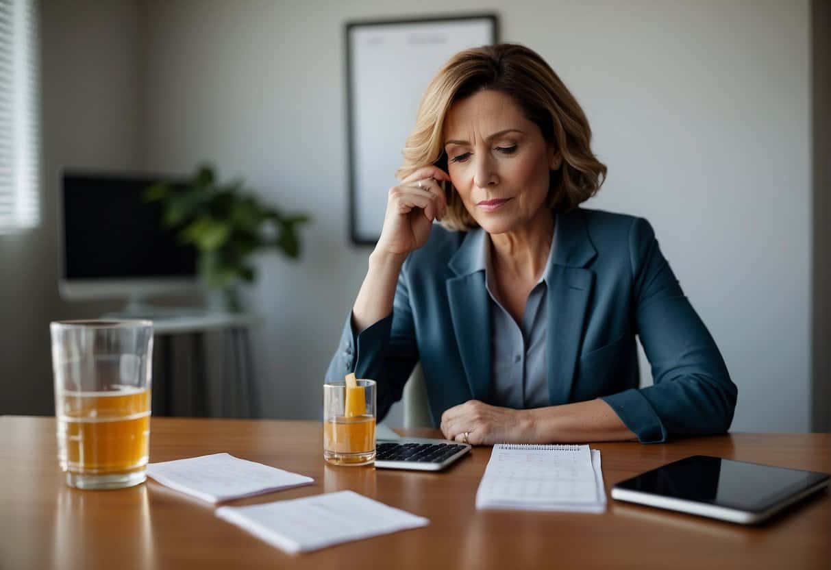 A woman sitting at a desk with a calendar, a glass of water, and a bottle of menopause supplements. She looks tired and is fanning herself