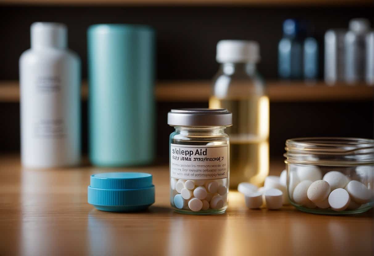 A woman takes a pill bottle labeled "sleep aid for menopause" from a medicine cabinet, with a glass of water on the counter