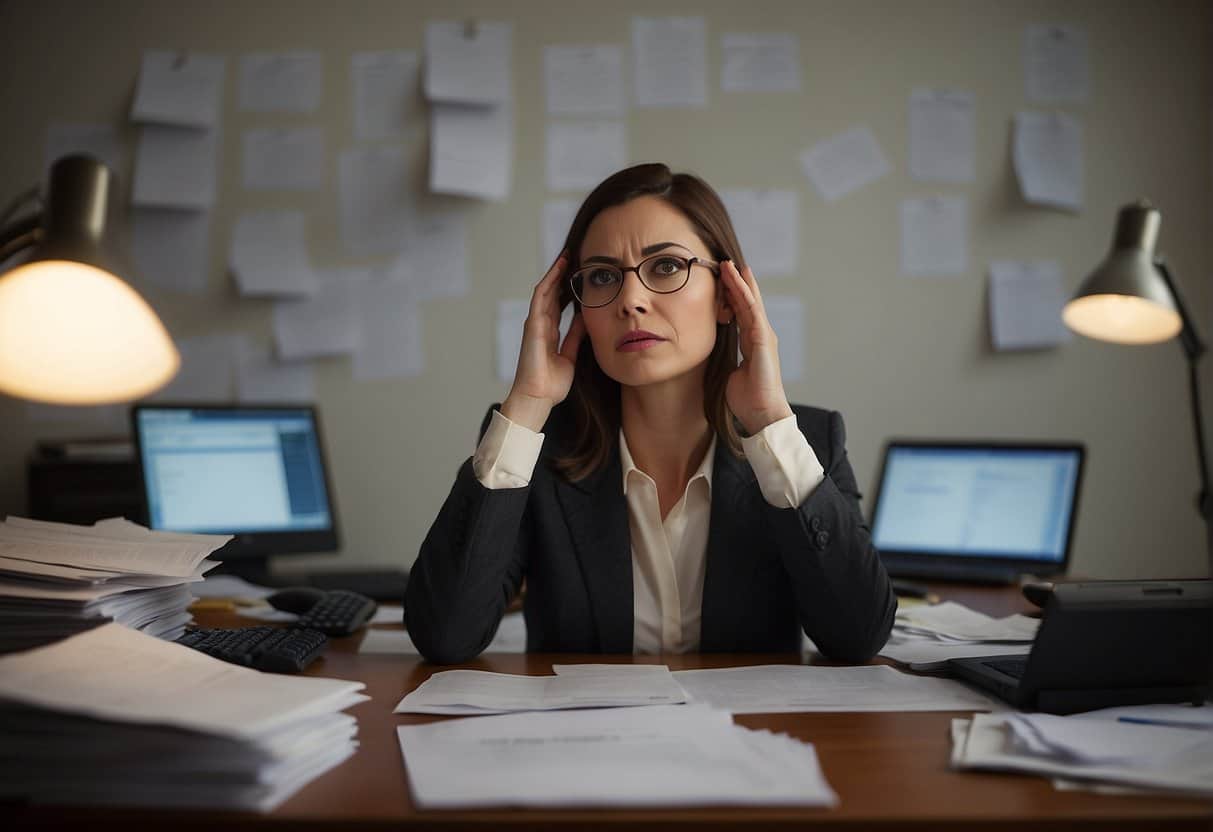 A woman sits at a desk, surrounded by scattered papers and a computer. She looks frustrated and confused, rubbing her temples as she tries to focus on her work