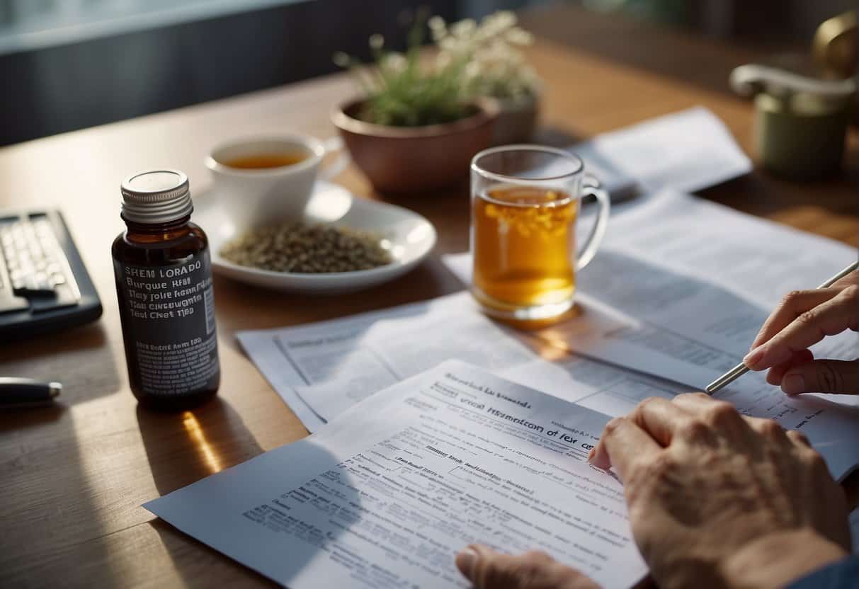 A woman reaching for a bottle of energy supplements on a cluttered desk, with a cup of herbal tea and a list of fatigue management tips nearby