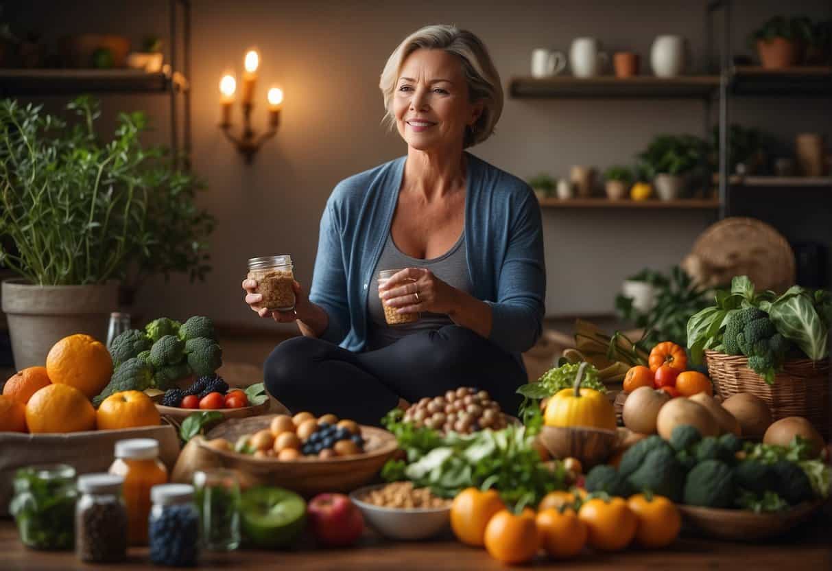 A woman surrounded by healthy foods, herbal supplements, and water, engaging in exercise or yoga to boost energy during menopause