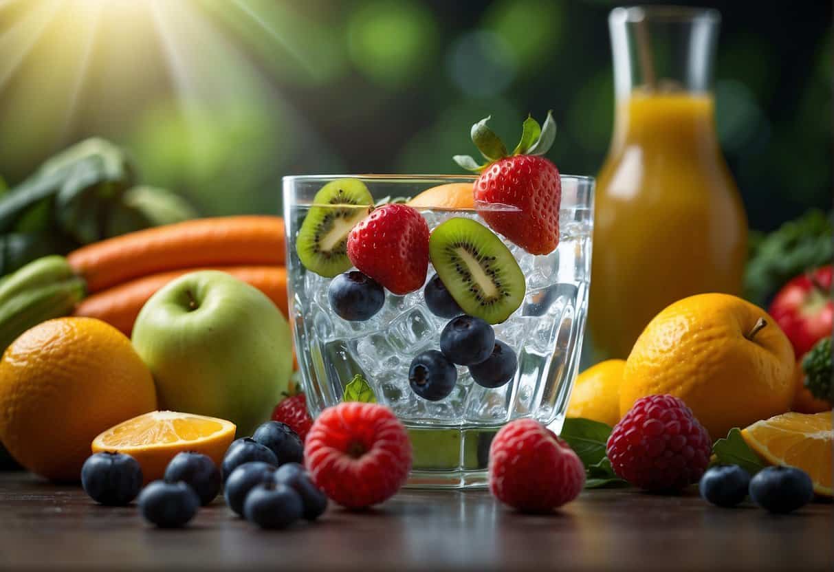 A glass of water surrounded by fruits and vegetables, with a burst of energy emanating from them