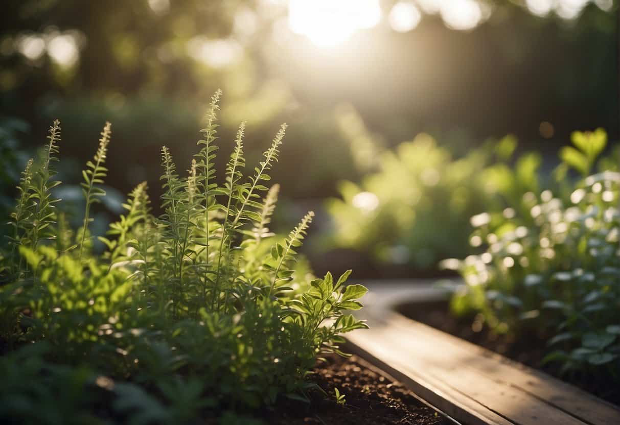 A tranquil garden with vibrant herbs and plants, sunlight streaming through the leaves, creating a peaceful and energizing atmosphere