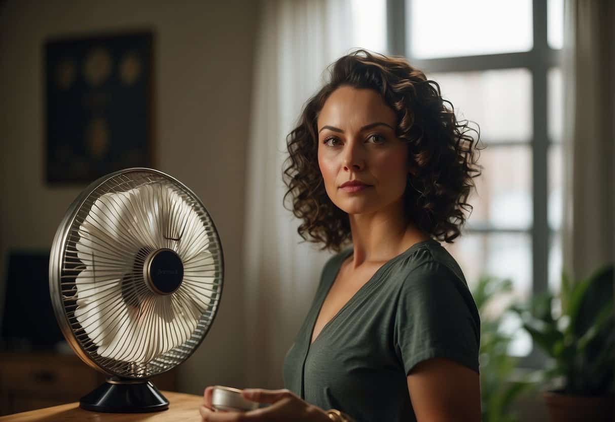 A woman stands in front of a fan, fanning herself with a determined expression. A bottle of water and a fan are nearby