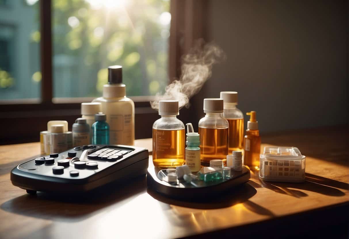 A table with various medication bottles and boxes, a thermometer, and a fan. Rays of heat emanating from the table