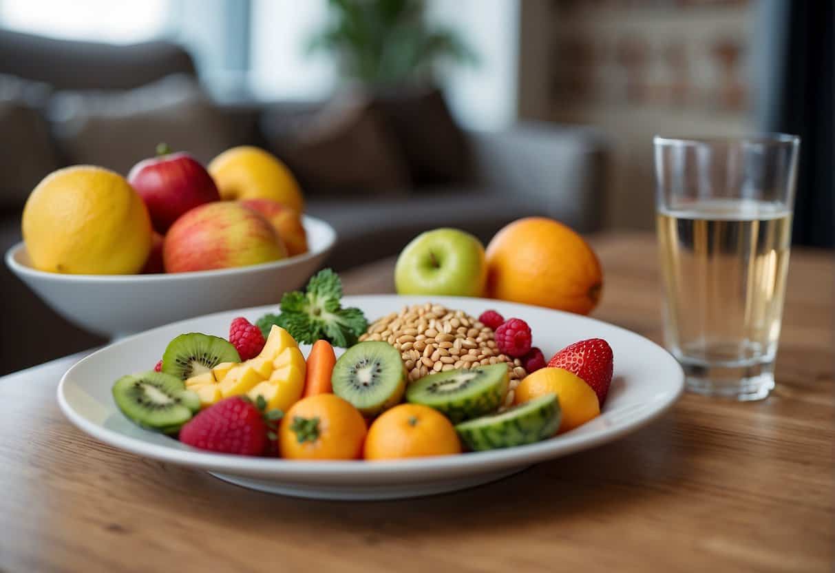 A table with colorful fruits, vegetables, and lean protein. A glass of water and a plate of whole grains. A woman reading a book on menopause and weight loss