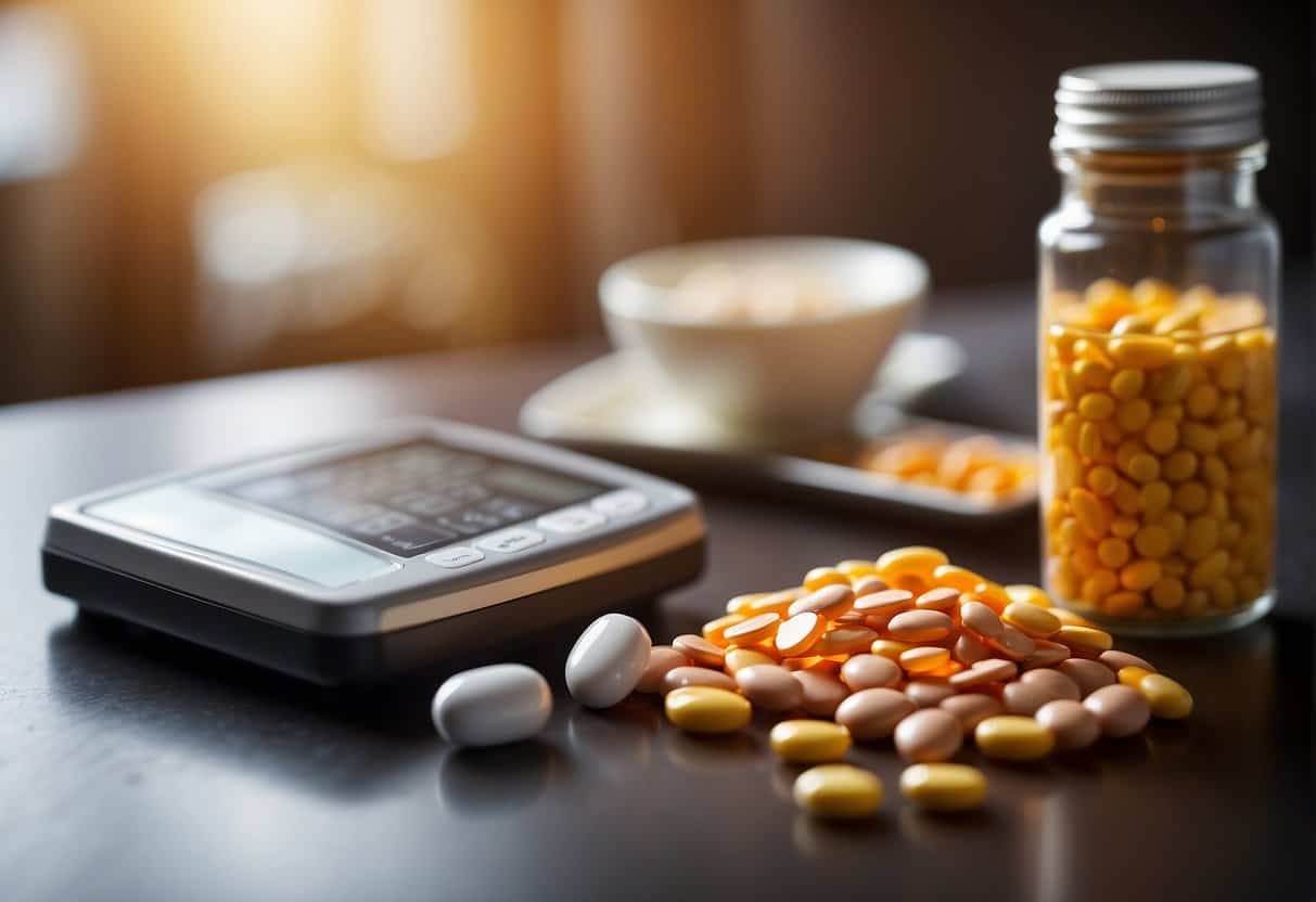 A bottle of menopause vitamins next to a scale showing weight gain