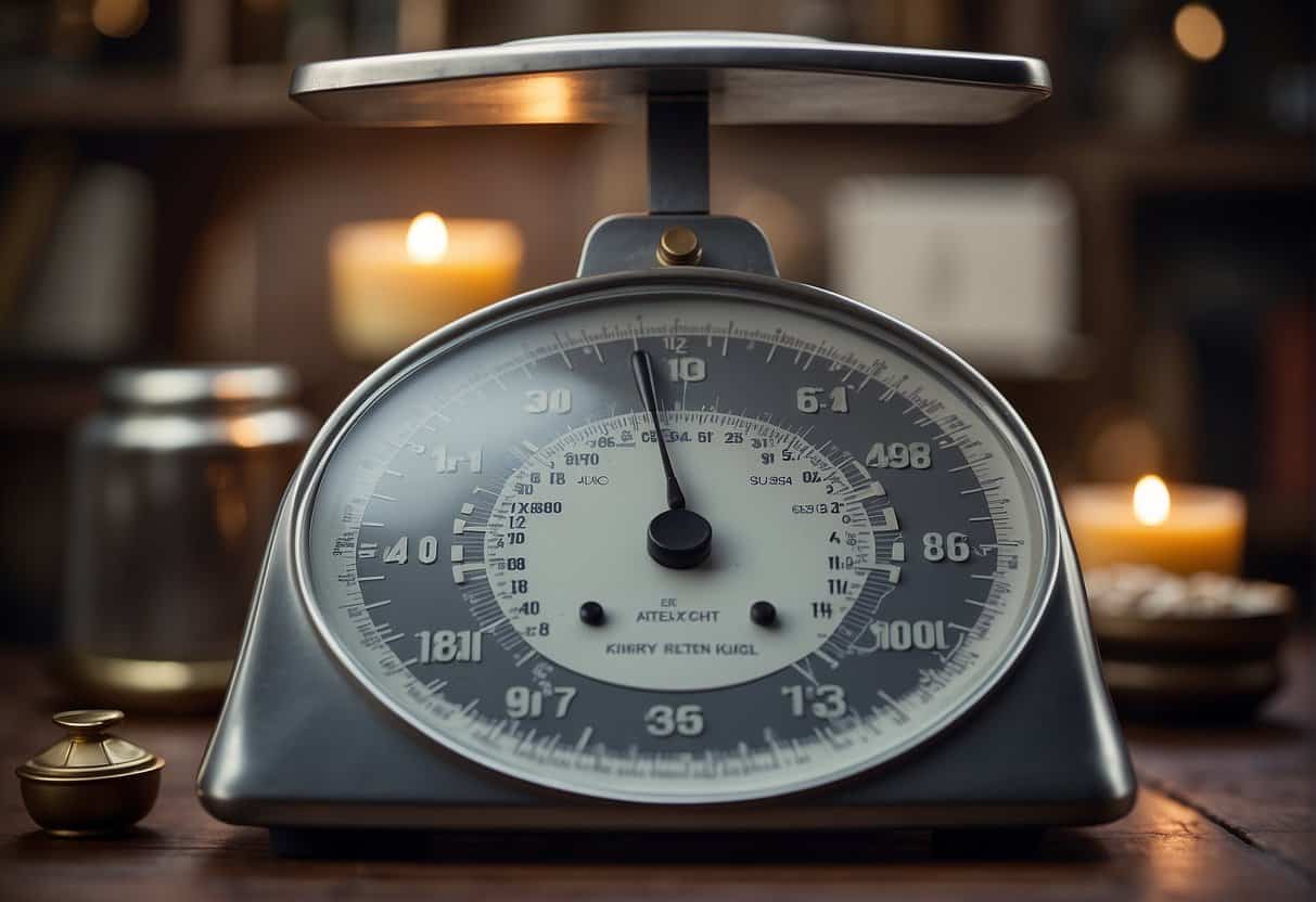 A scale with decreasing numbers, surrounded by symbols of aging like a calendar, hourglass, and grey hair