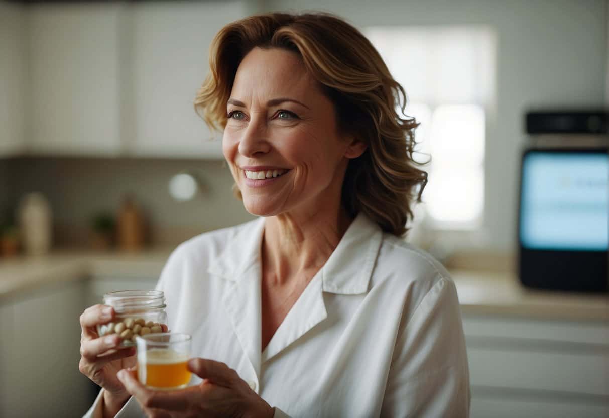 A woman in menopause takes probiotic supplements, feeling healthier and losing weight. She smiles as she looks at the scale, noticing the positive changes