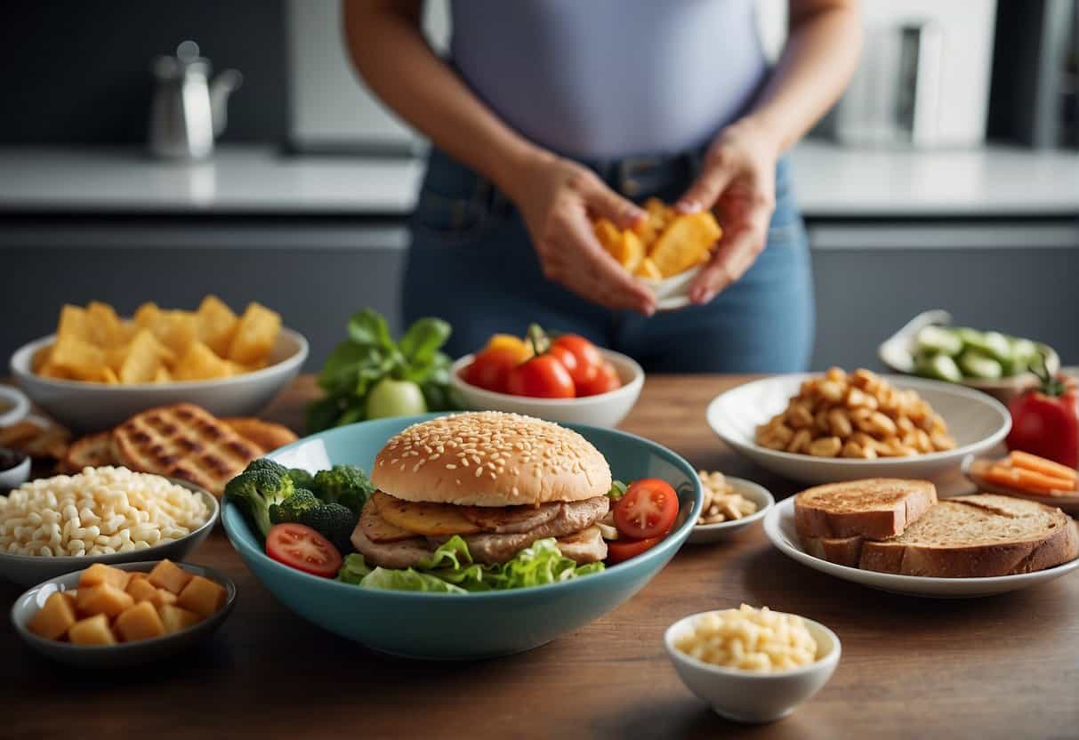 A woman's midsection with bloating and weight gain due to menopause, surrounded by unhealthy food choices and a lack of exercise