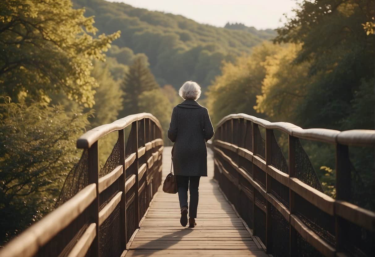 A woman crossing a bridge from youth to old age, symbolizing the transition through menopause