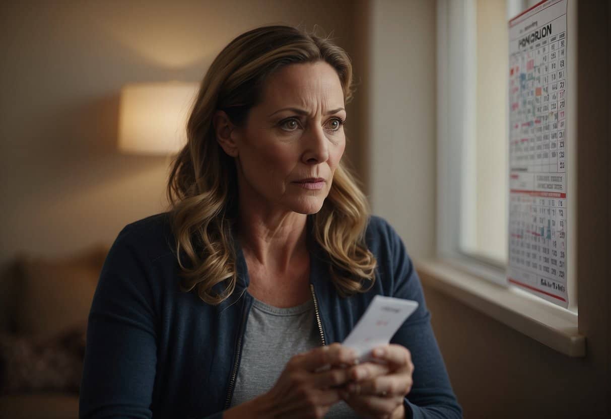 A woman in her late 40s looks worried while reading a pregnancy test. A calendar on the wall shows the date, emphasizing the risks of late pregnancy