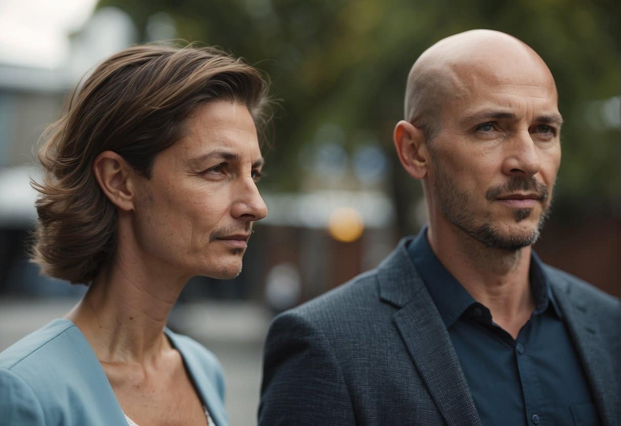 A man and a woman stand side by side, both experiencing hair loss. The man has receding hairline, while the woman's hair appears thin and brittle